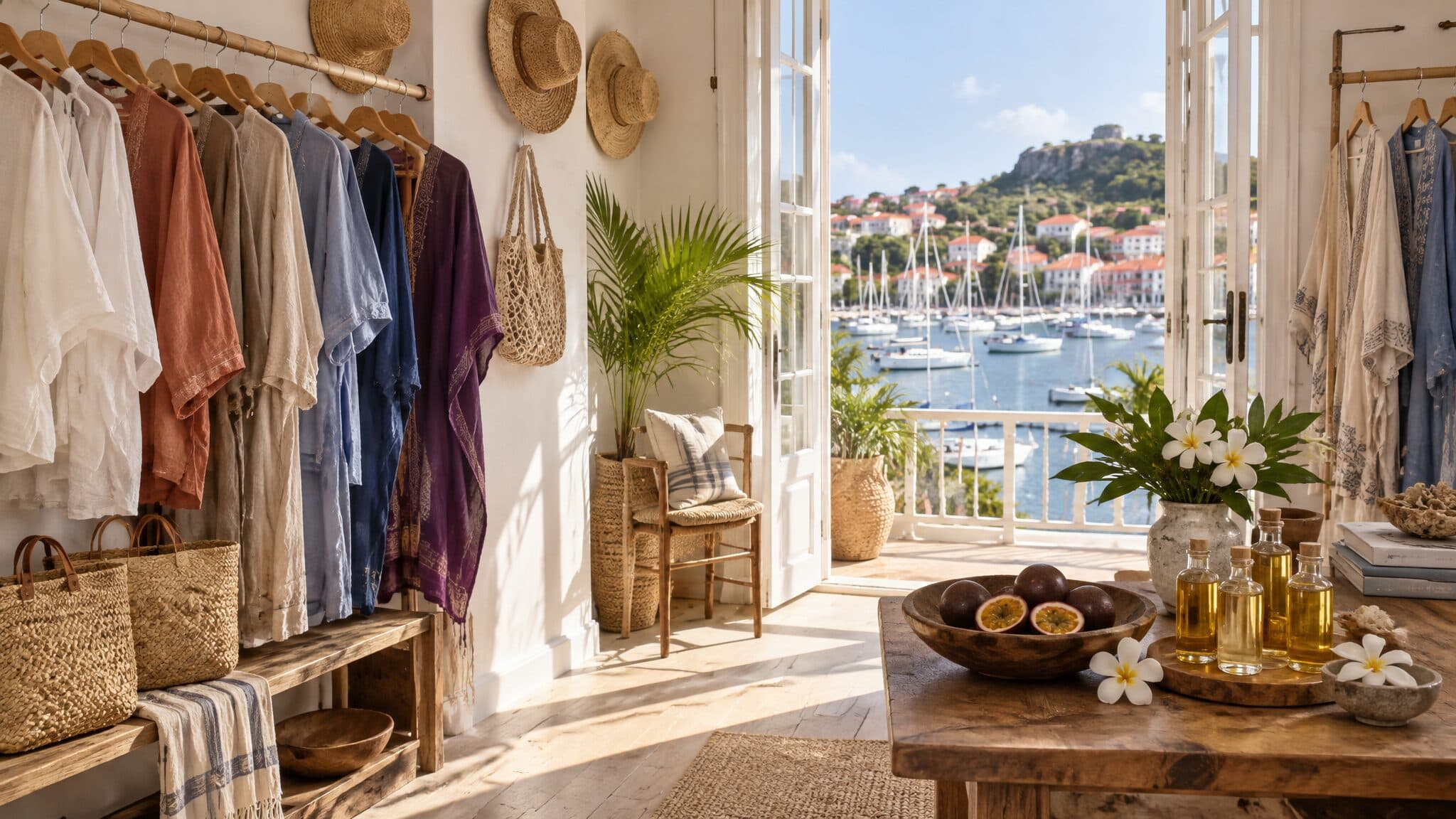 L’intérieur de la boutique, porte-fenêtre ouverte sur le port de Gustavia : chemises de lin, chapeaux de paille, flacons de monoï.