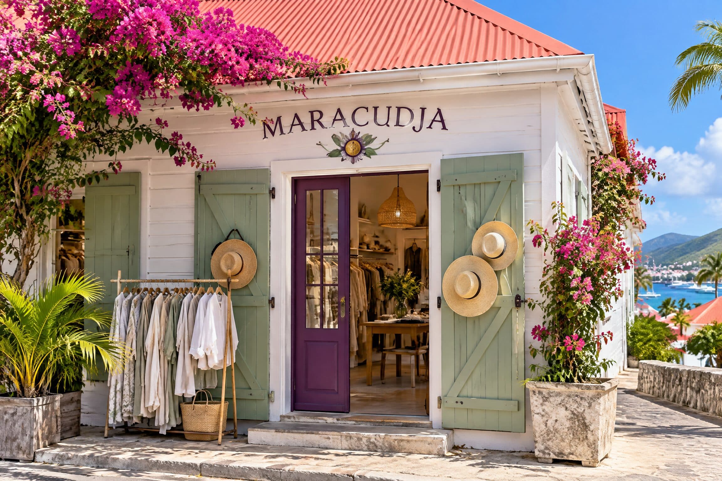 La devanture de Maracudja : volets vert sauge, porte violette, chapeaux accrochés et bougainvilliers.