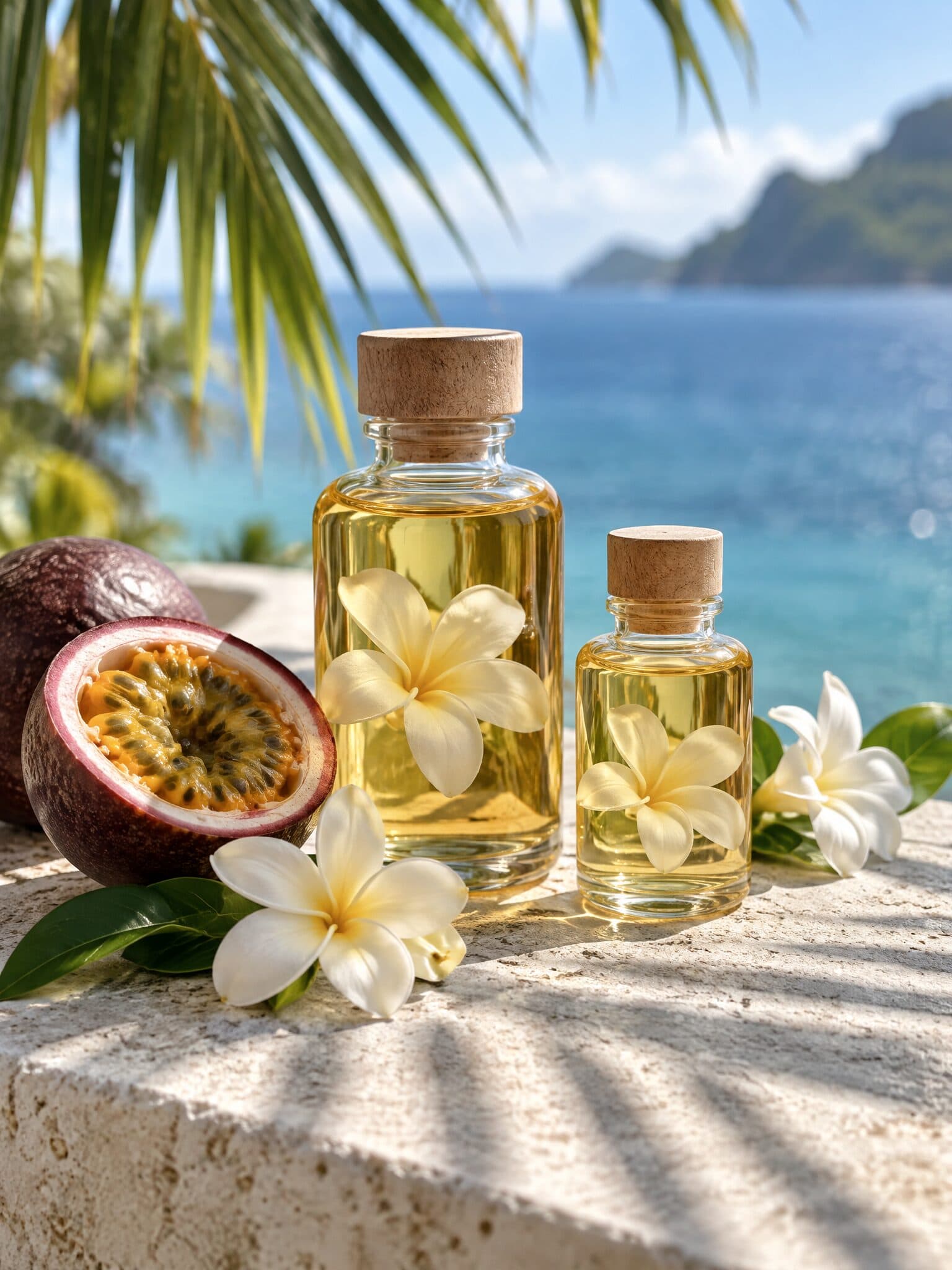 Deux flacons de monoï, des fleurs de tiaré et un fruit de la passion ouvert, sur une pierre au bord de la mer.